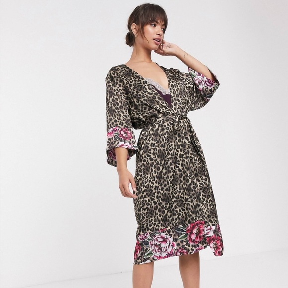 Dorina Dolores leopard print floral trim kimono robe Large Pink Brown No belt - Picture 2 of 12